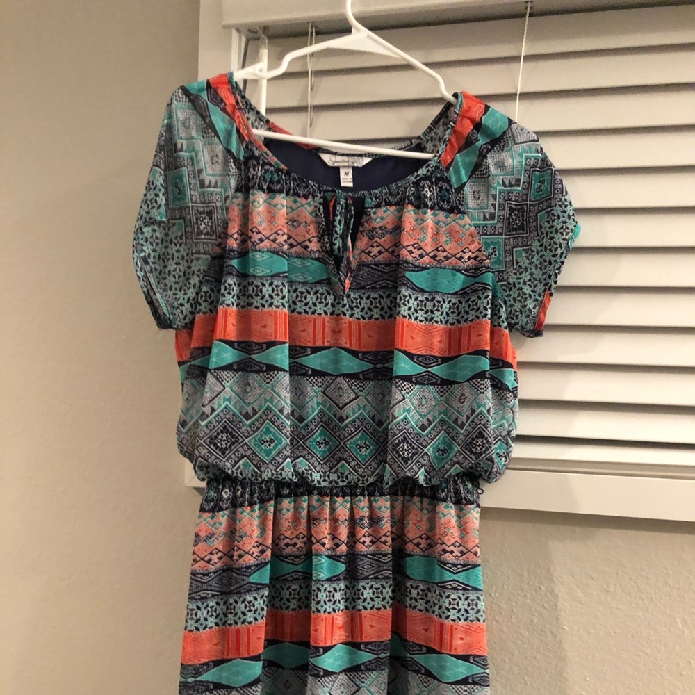 Turquoise, navy, and coral dress